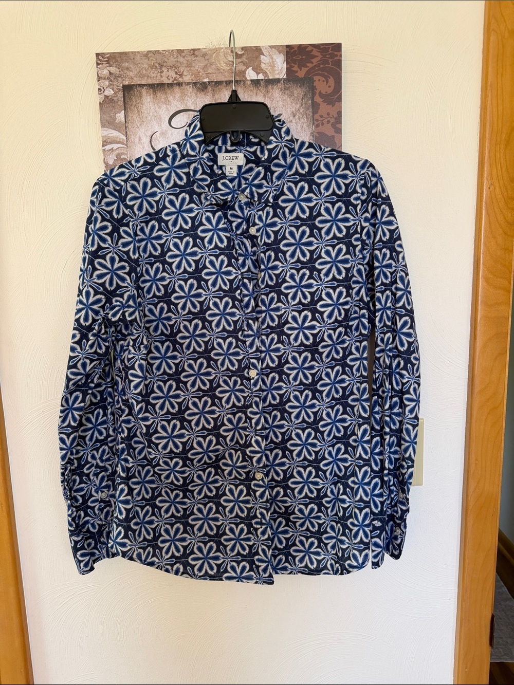 J. Crew Navy and White Floral-Geo Button-Down Blouse